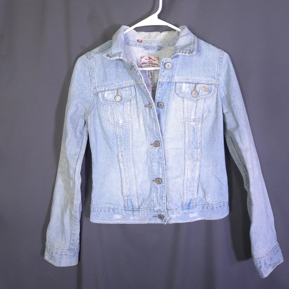 Abercrombie & Fitch Jean‎ Jacket Junior Girl Size XL Light Wash Distressed